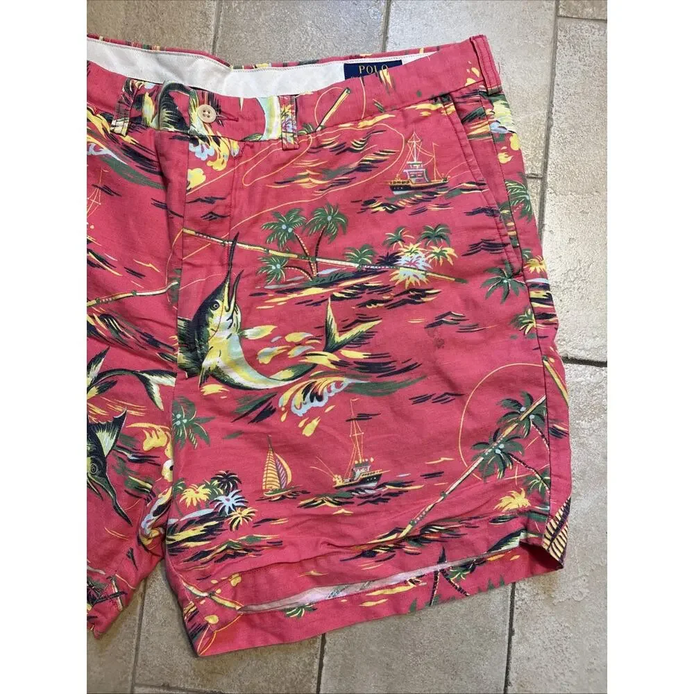 Polo Ralph Lauren Shorts Mens 38 Pink Fishing Linen Bermuda Hawaiian Swordfish
